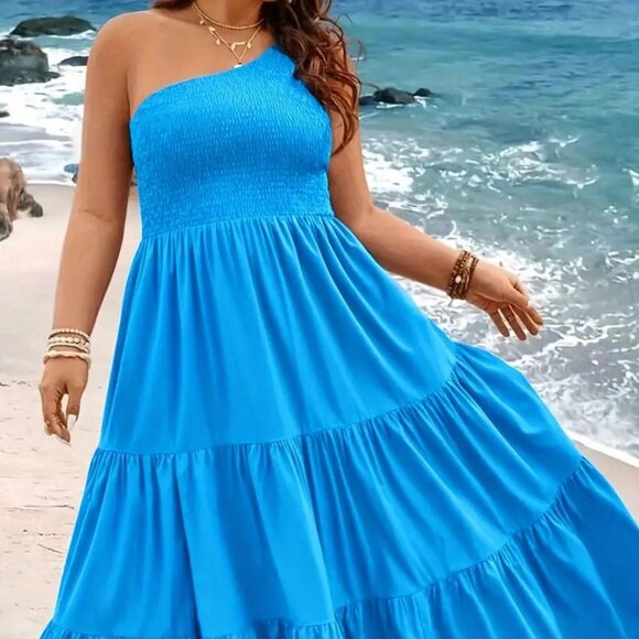 Women's Plus Size Elegant One Shoulder Blue Vacation Summer Swing Dress 18W - Picture 1 of 8